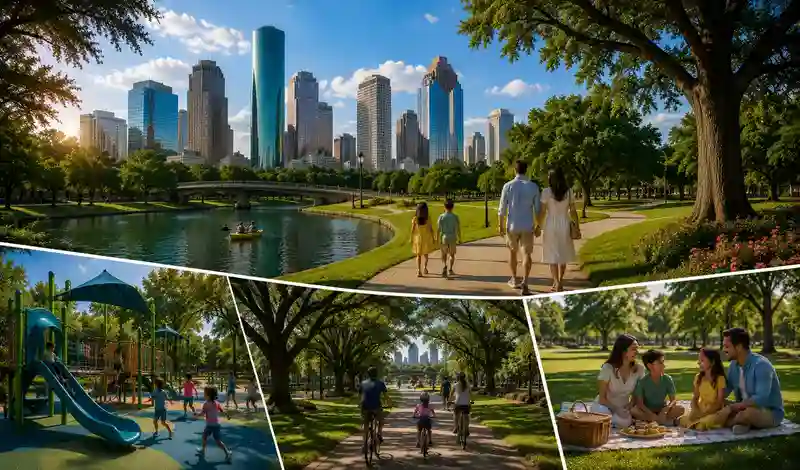 Families enjoying Houston parks, playgrounds, picnic areas, walking trails, and open green spaces for outdoor recreation.